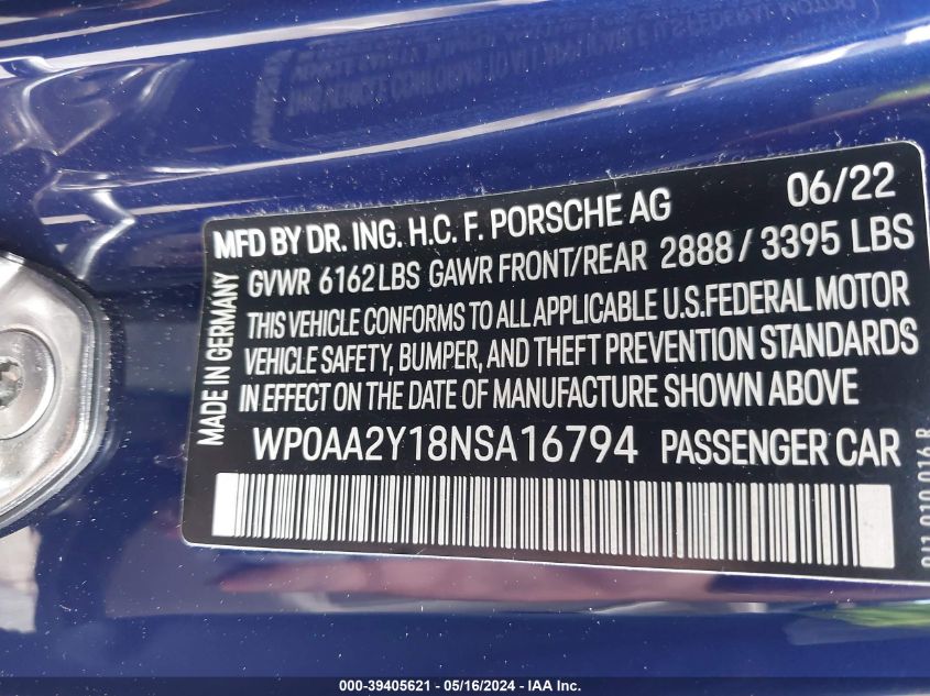 2022 Porsche Taycan VIN: WP0AA2Y18NSA16794 Lot: 39405621