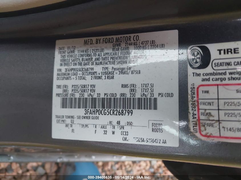 2012 Ford Fusion Sel VIN: 3FAHP0CG5CR268799 Lot: 39405635