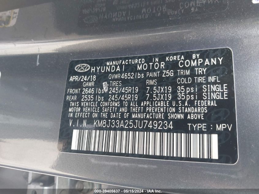 2018 Hyundai Tucson Limited VIN: KM8J33A25JU749234 Lot: 39405637