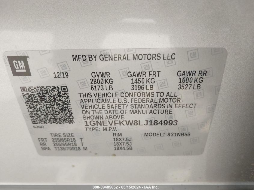 2020 Chevrolet Traverse Awd Ls VIN: 1GNEVFKW8LJ184993 Lot: 39405652