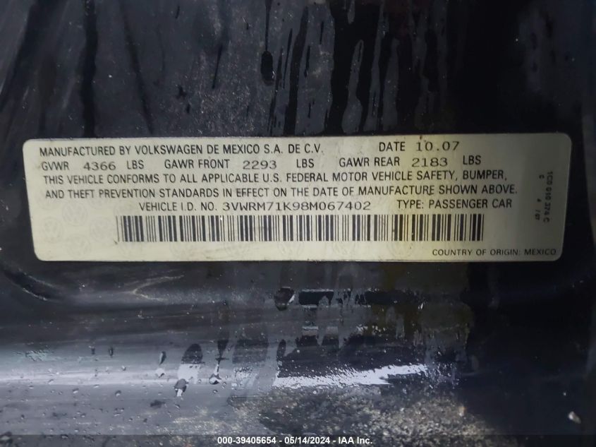 2008 Volkswagen Jetta Se/Sel VIN: 3VWRM71K98M067402 Lot: 39405654