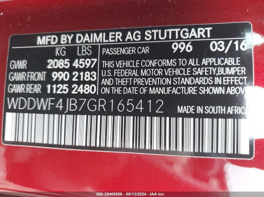 2016 Mercedes-Benz C 300 Luxury/Sport VIN: WDDWF4JB7GR165412 Lot: 39405656