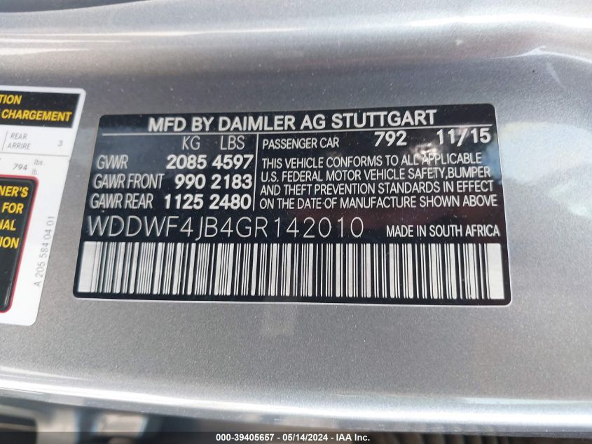 2016 Mercedes-Benz C 300 Luxury/Sport VIN: WDDWF4JB4GR142010 Lot: 39405657