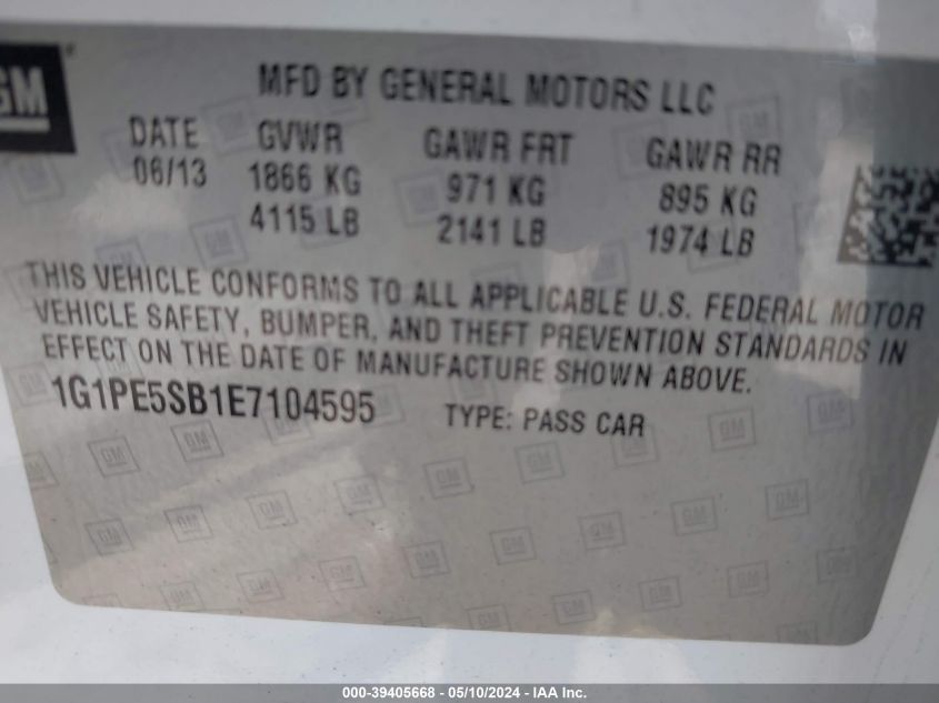 2014 Chevrolet Cruze 2Lt Auto VIN: 1G1PE5SB1E7104595 Lot: 39405668