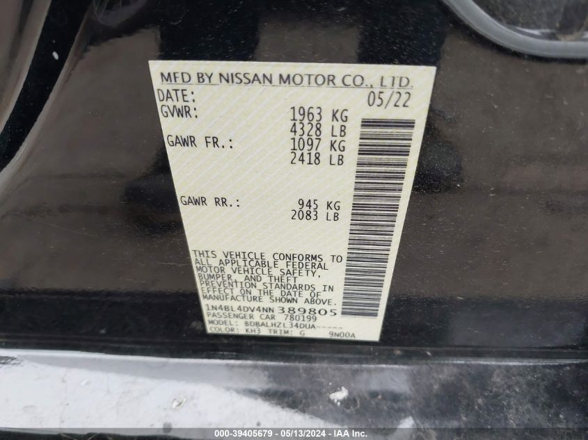 2022 Nissan Altima Sv VIN: 1N4BL4DV4NN389805 Lot: 39405679