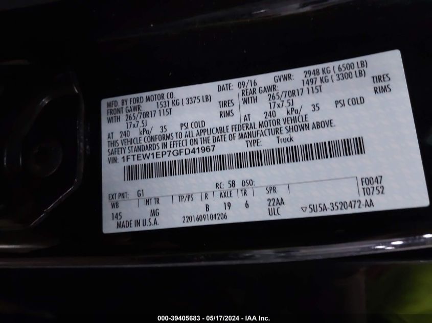2016 Ford F-150 Xlt VIN: 1FTEW1EP7GFD41967 Lot: 39405683