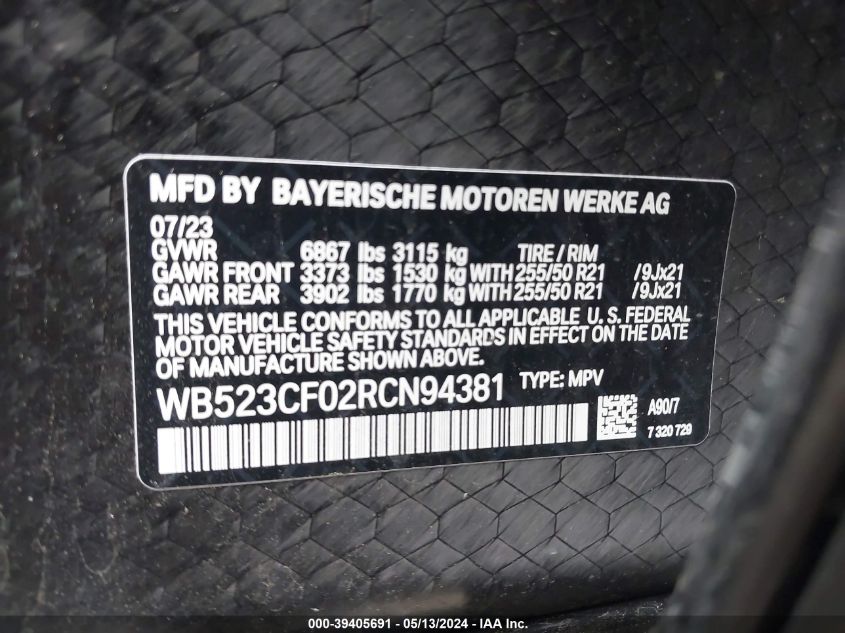 2024 BMW Ix xDrive50 VIN: WB523CF02RCN94381 Lot: 39405691