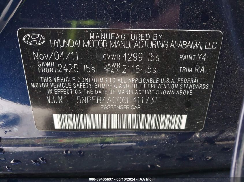 2012 Hyundai Sonata Gls VIN: 5NPEB4AC0CH411731 Lot: 39405697