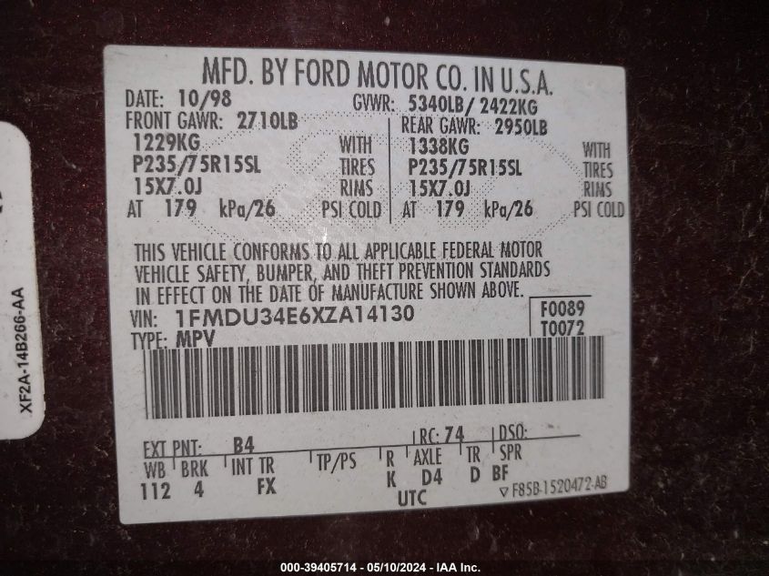 1999 Ford Explorer Eddie Bauer/Limited/Xlt VIN: 1FMDU34E6XZA14130 Lot: 39405714