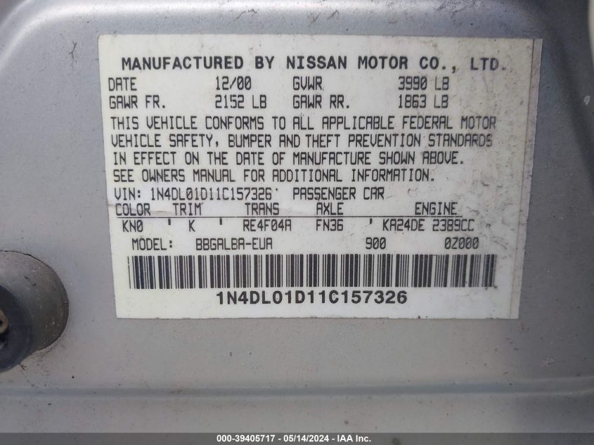 2001 Nissan Altima Xe/Gxe/Se VIN: 1N4DL01D11C157326 Lot: 39405717