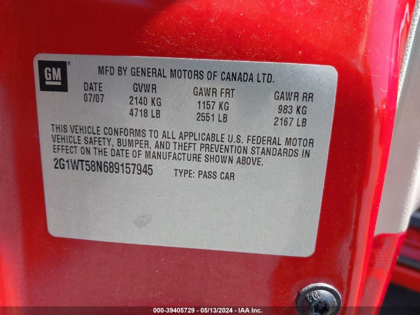 2008 Chevrolet Impala Lt VIN: 2G1WT58N689157945 Lot: 39405729