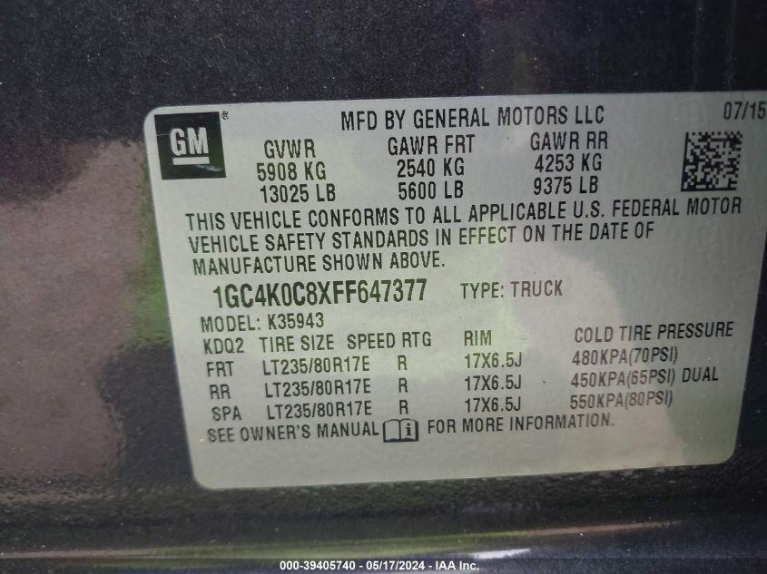 2015 Chevrolet Silverado 3500Hd Ltz VIN: 1GC4K0C8XFF647377 Lot: 39405740