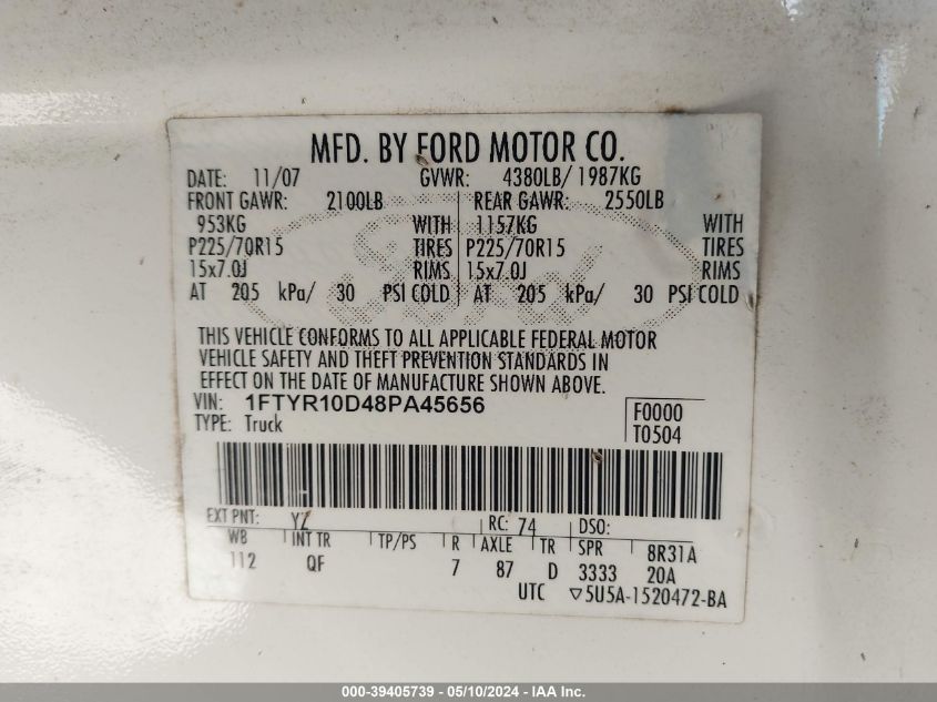 2008 Ford Ranger Xl/Xlt VIN: 1FTYR10D48PA45656 Lot: 39405739