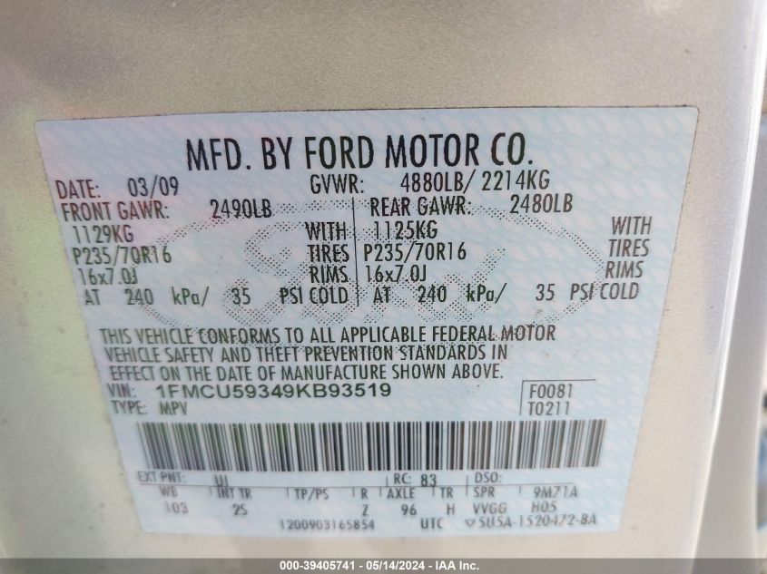 2009 Ford Escape Hybrid VIN: 1FMCU59349KB93519 Lot: 39405741