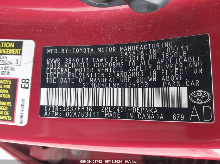 2011 Toyota Corolla Le VIN: 2T1BU4EE9BC628303 Lot: 39405742