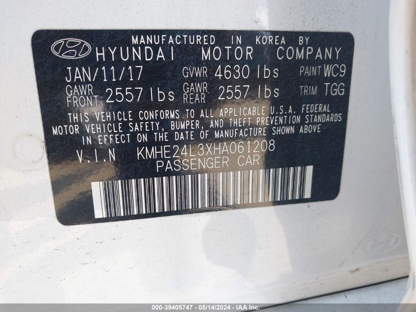 2017 Hyundai Sonata Hybrid Se VIN: KMHE24L3XHA061208 Lot: 39405747