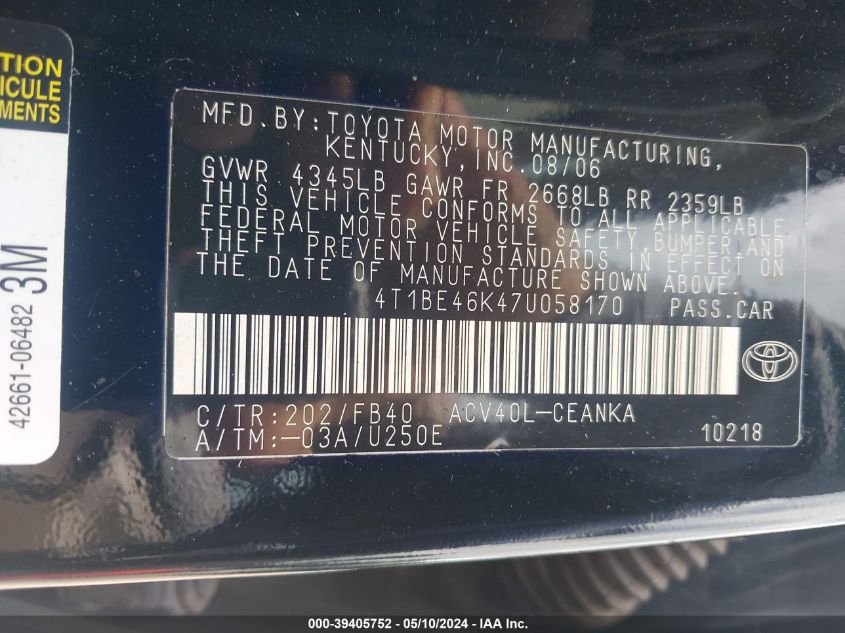 2007 Toyota Camry Le VIN: 4T1BE46K47U058170 Lot: 39405752