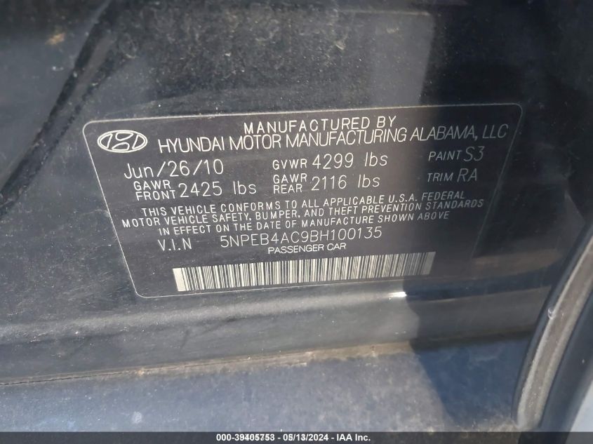 2011 Hyundai Sonata Gls VIN: 5NPEB4AC9BH100135 Lot: 39405753