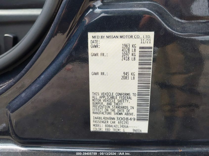 2022 Nissan Altima Sv VIN: 1N4BL4DV8NN300849 Lot: 39405759