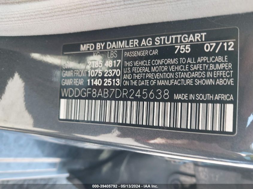 2013 Mercedes-Benz C 300 Luxury 4Matic/Sport 4Matic VIN: WDDGF8AB7DR245638 Lot: 39405792