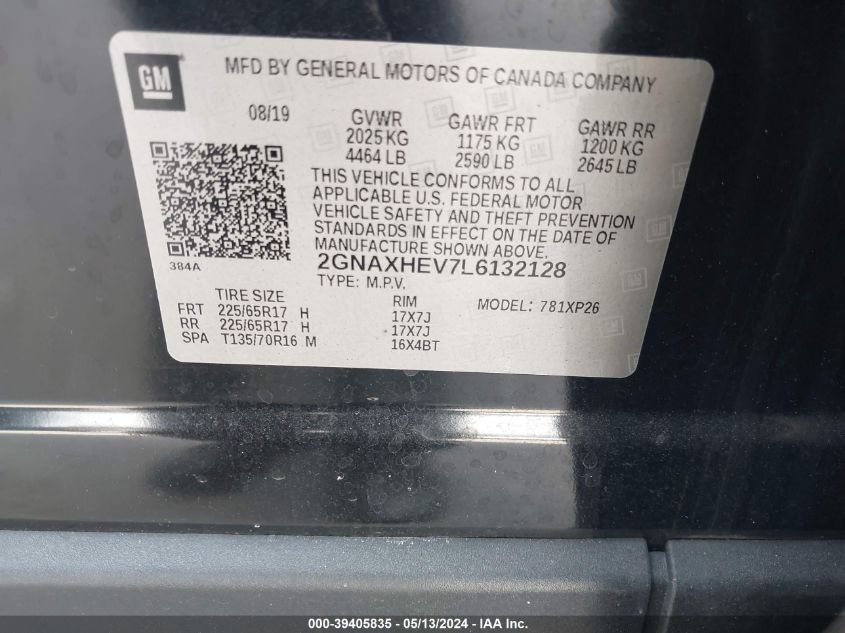 2020 Chevrolet Equinox Fwd Ls VIN: 2GNAXHEV7L6132128 Lot: 39405835