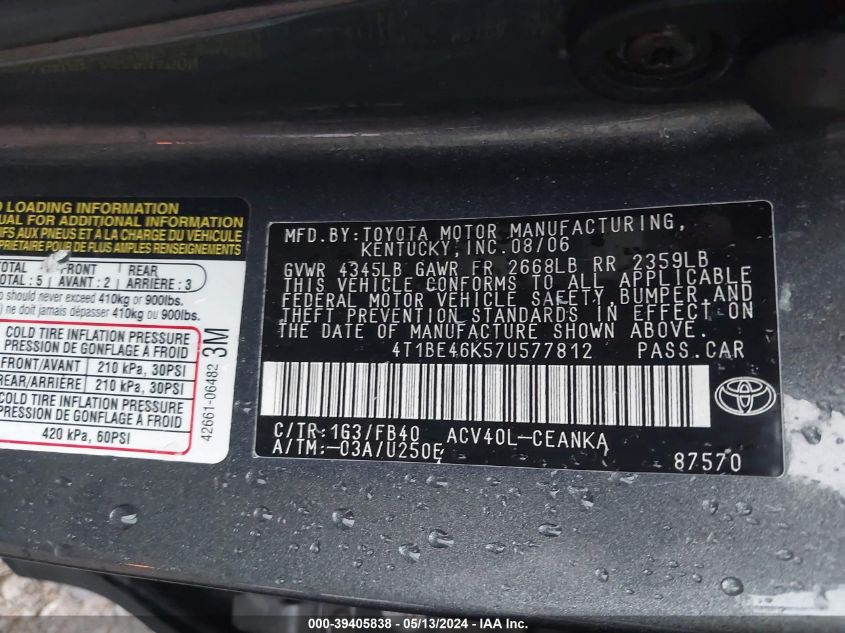 2007 Toyota Camry Le VIN: 4T1BE46K57U577812 Lot: 39405838