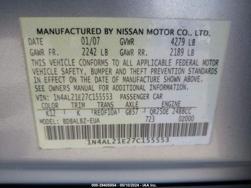 2007 Nissan Altima 2.5 S VIN: 1N4AL21E27C155553 Lot: 39405854