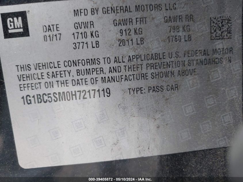 2017 Chevrolet Cruze Ls Auto VIN: 1G1BC5SM0H7217119 Lot: 39405872