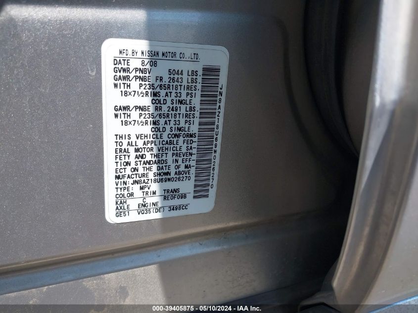 2009 Nissan Murano Sl VIN: JN8AZ18U69W026270 Lot: 39405875