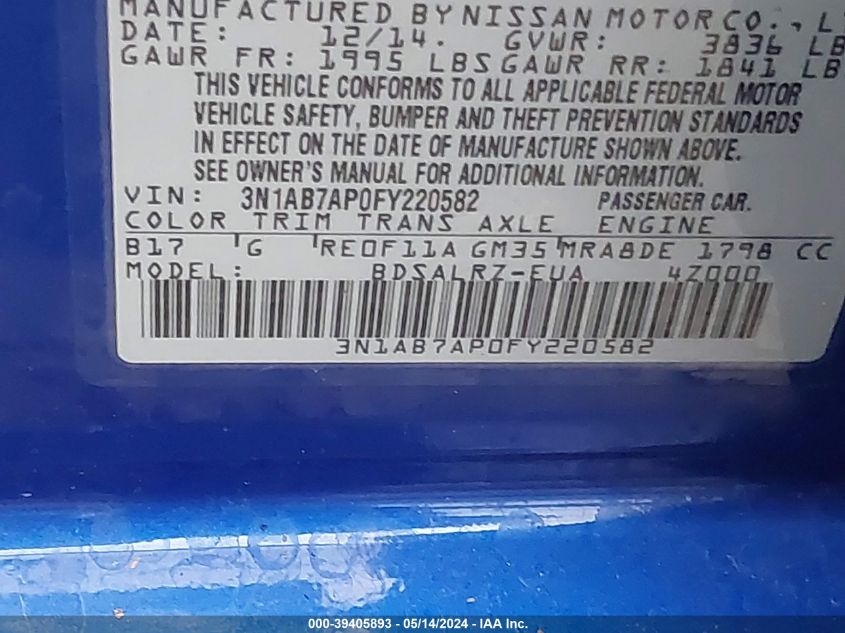 2015 Nissan Sentra Sr VIN: 3N1AB7AP0FY220582 Lot: 39405893