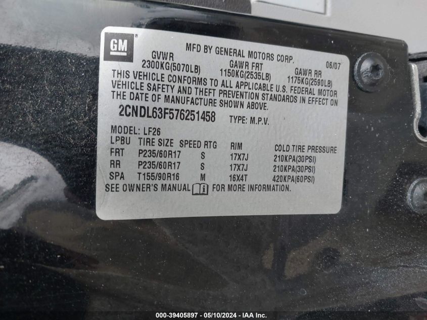 2007 Chevrolet Equinox Lt VIN: 2CNDL63F576251458 Lot: 39405897