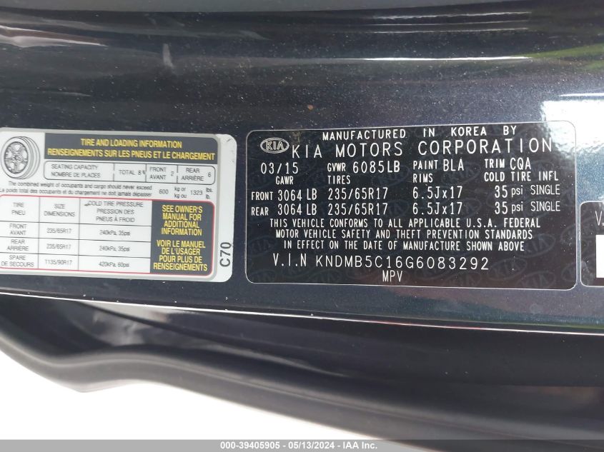 2016 Kia Sedona Lx VIN: KNDMB5C16G6083292 Lot: 39405905