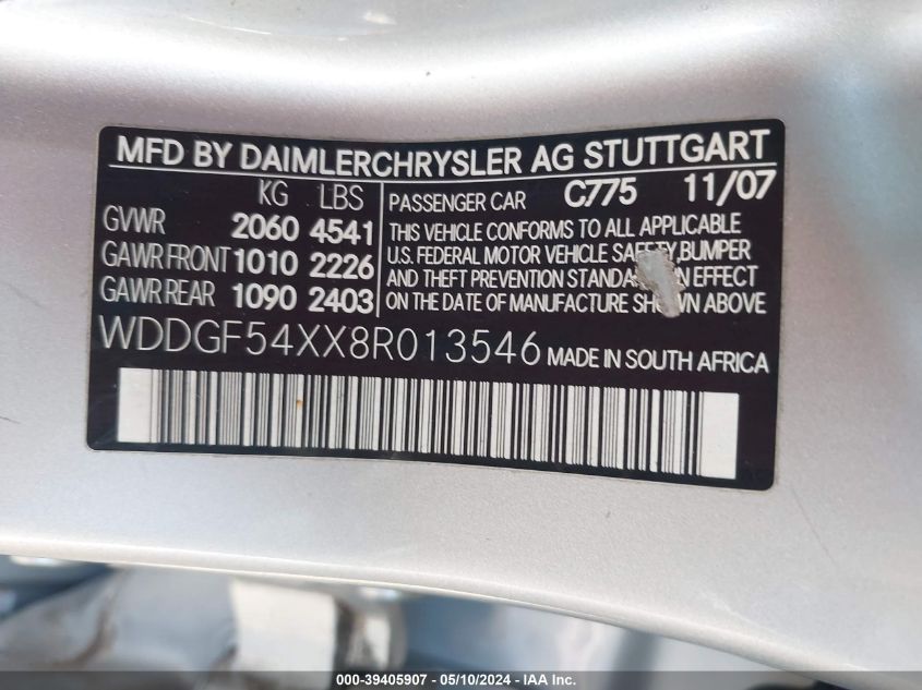 2008 Mercedes-Benz C 300 Luxury/Sport VIN: WDDGF54XX8R013546 Lot: 39405907