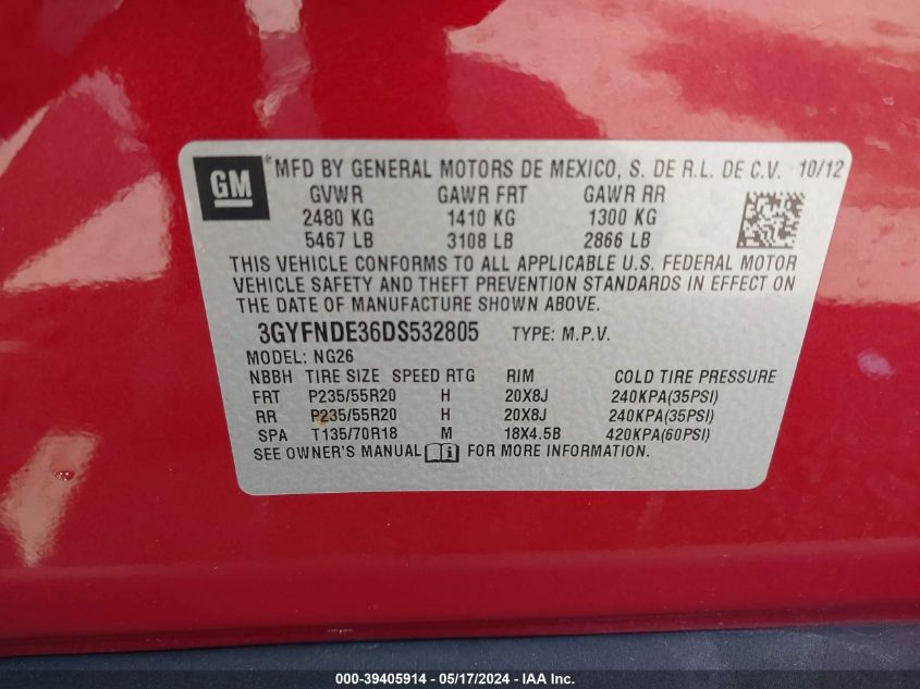 2013 Cadillac Srx Performance Collection VIN: 3GYFNDE36DS532805 Lot: 39405914