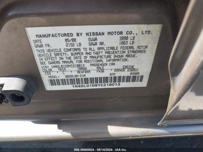 2000 Nissan Altima Gle/Gxe/Se/Xe VIN: 1N4DL01D9YC218013 Lot: 39405924