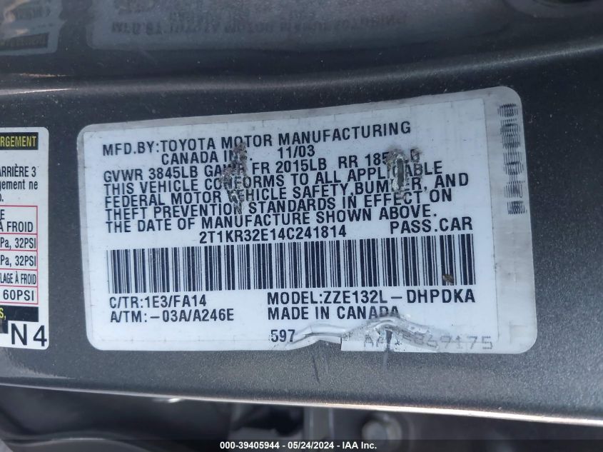 2004 Toyota Matrix Standard VIN: 2T1KR32E14C241814 Lot: 39405944