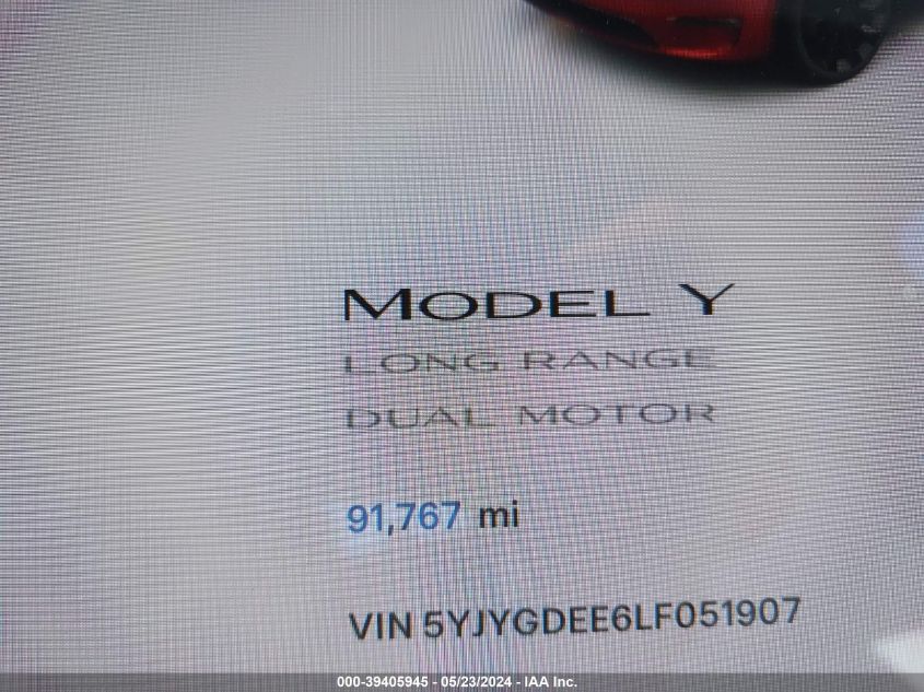 2020 Tesla Model Y Long Range Dual Motor All-Wheel Drive VIN: 5YJYGDEE6LF051907 Lot: 39405945