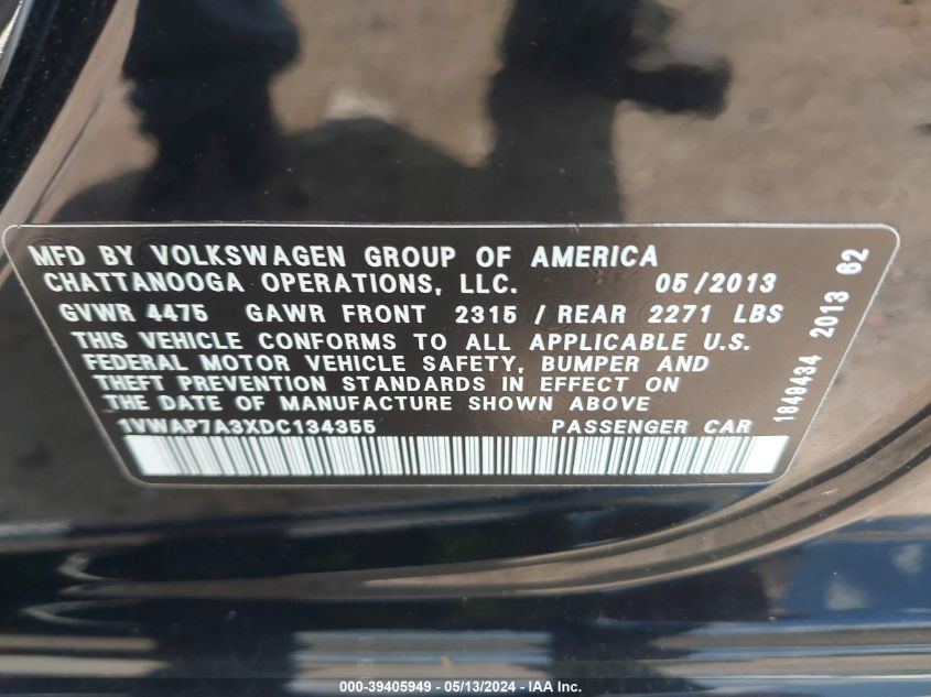 2013 Volkswagen Passat 2.5L Wolfsburg Edition VIN: 1VWAP7A3XDC134355 Lot: 39405949