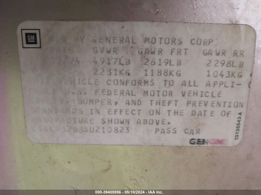 1995 Cadillac Deville VIN: 1G6KD52B8SU210823 Lot: 39405956