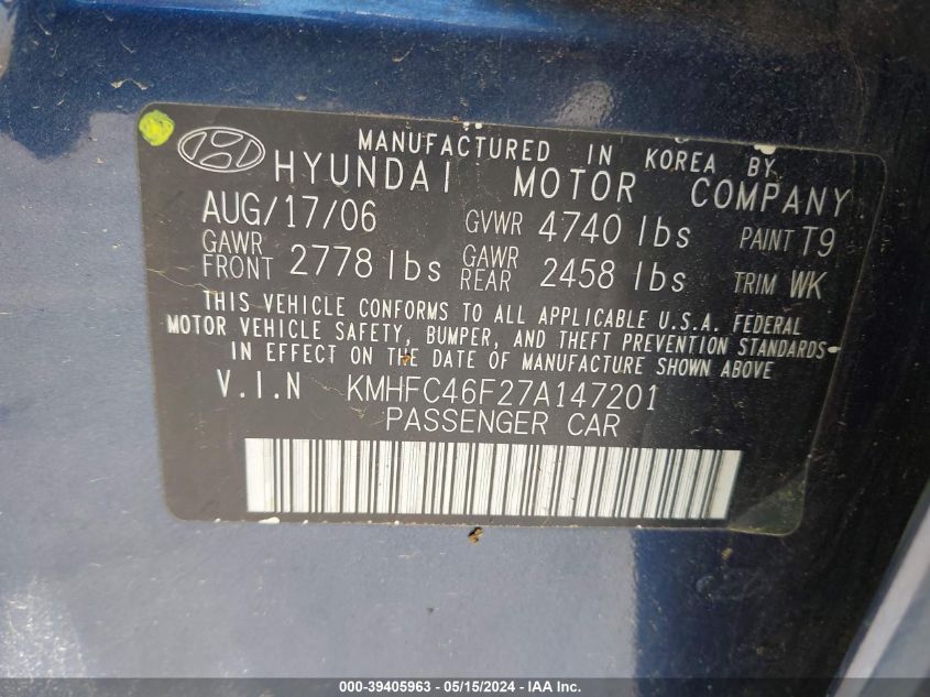 2007 Hyundai Azera Limited/Se VIN: KMHFC46F27A147201 Lot: 39405963