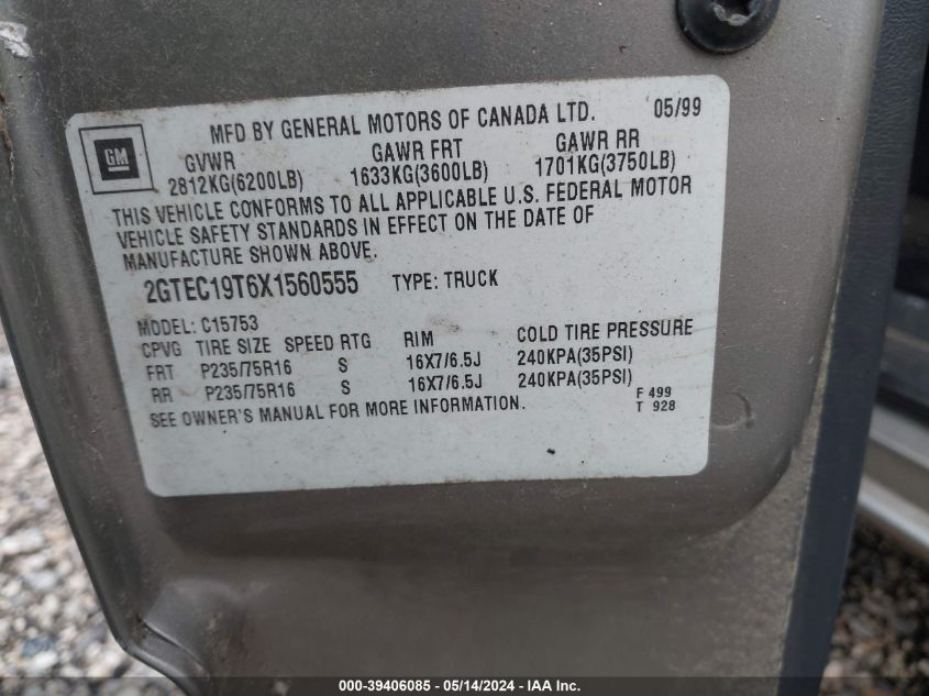 1999 GMC Sierra 1500 Sl VIN: 2GTEC19T6X1560555 Lot: 39406085
