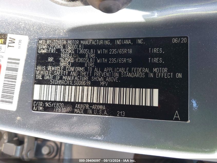 2020 Toyota Highlander Hybrid Xle VIN: 5TDHBRCH1LS006619 Lot: 39406097