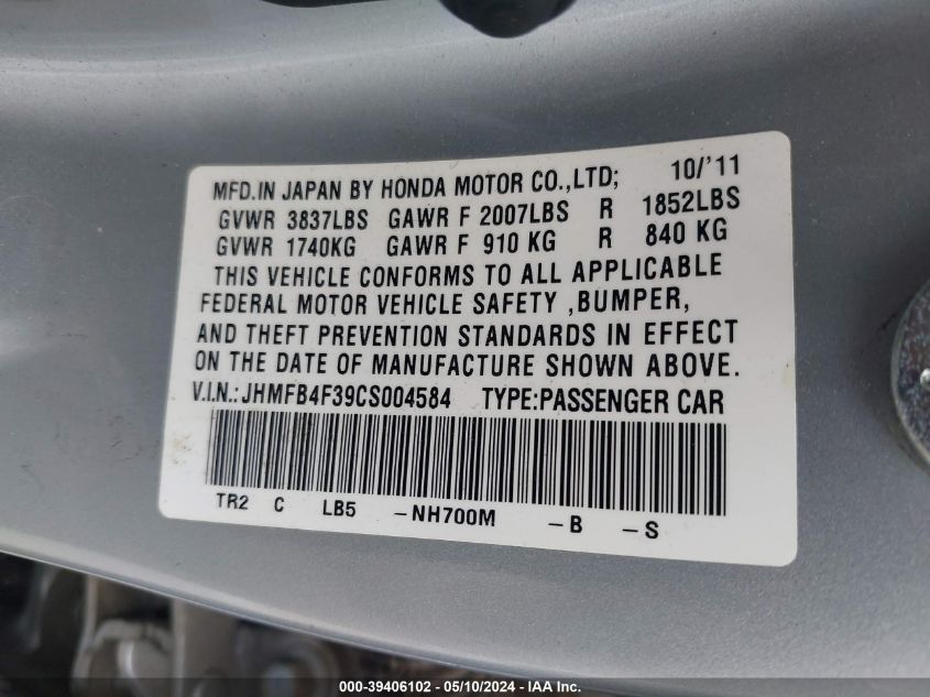 2012 Honda Civic Hybrid VIN: JHMFB4F39CS004584 Lot: 39406102