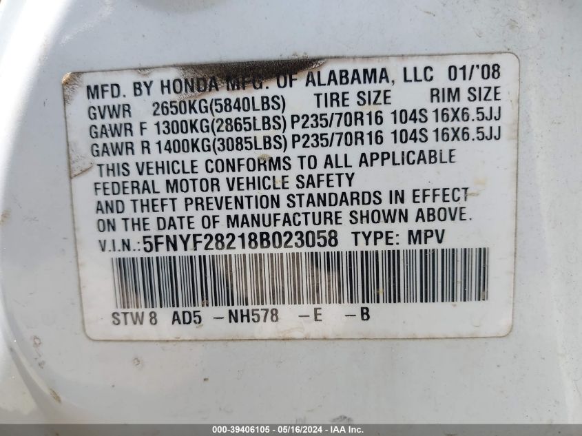 2008 Honda Pilot Vp VIN: 5FNYF28218B023058 Lot: 39406105