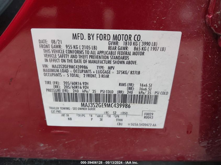 2021 Ford Ecosport Se VIN: MAJ3S2GE9MC439986 Lot: 39406128