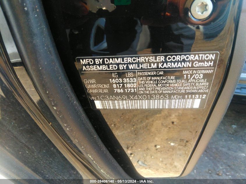 2004 Chrysler Crossfire Limited VIN: 1C3AN69LX4X013863 Lot: 39406140