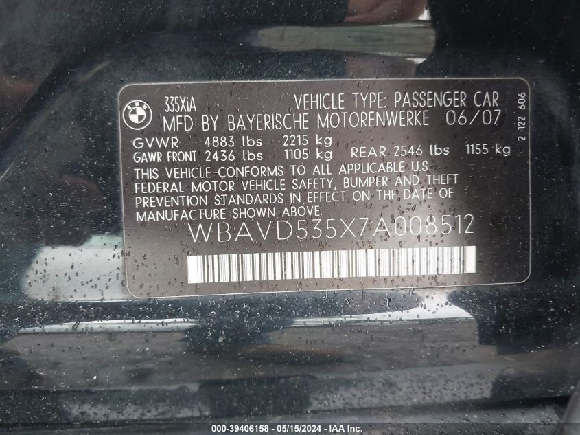 2007 BMW 335Xi VIN: WBAVD535X7A008512 Lot: 39406158