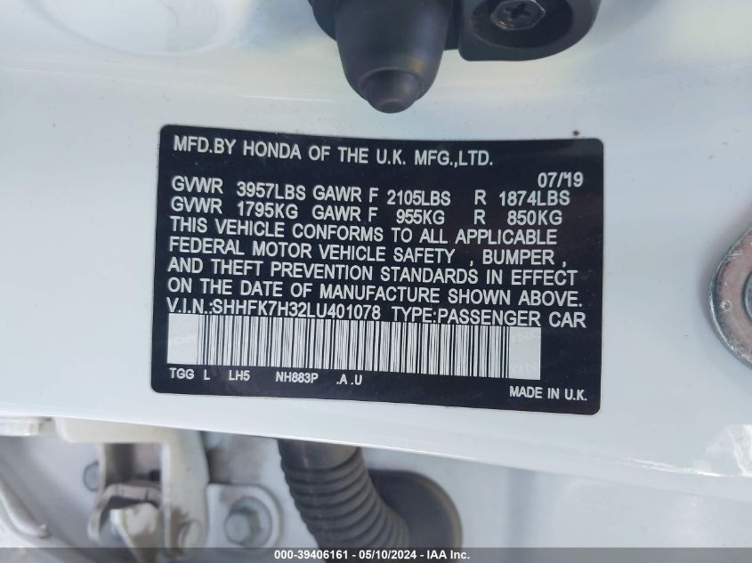 2020 Honda Civic Lx VIN: SHHFK7H32LU401078 Lot: 39406161