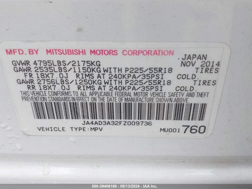 2015 Mitsubishi Outlander Se VIN: JA4AD3A32FZ009736 Lot: 39406168