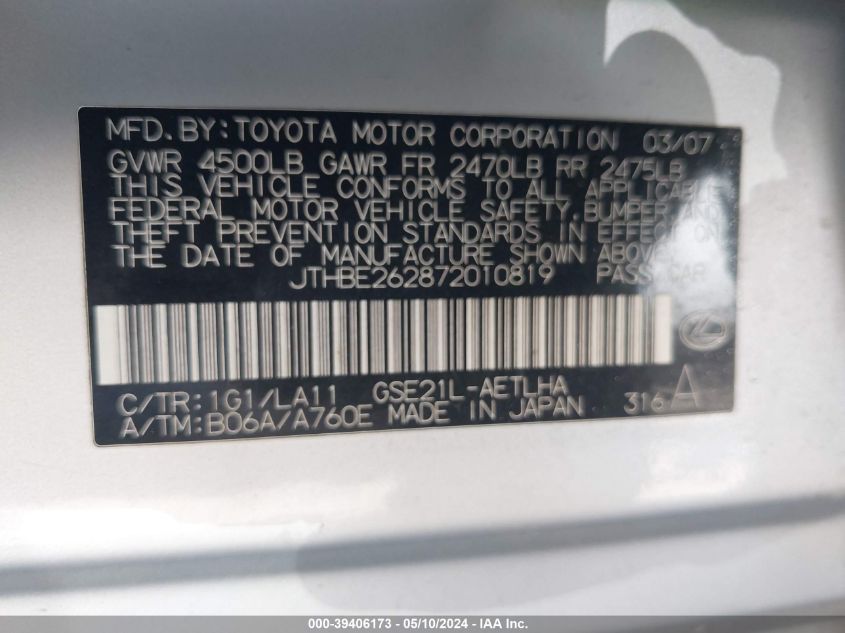 2007 Lexus Is 350 VIN: JTHBE262872010819 Lot: 39406173